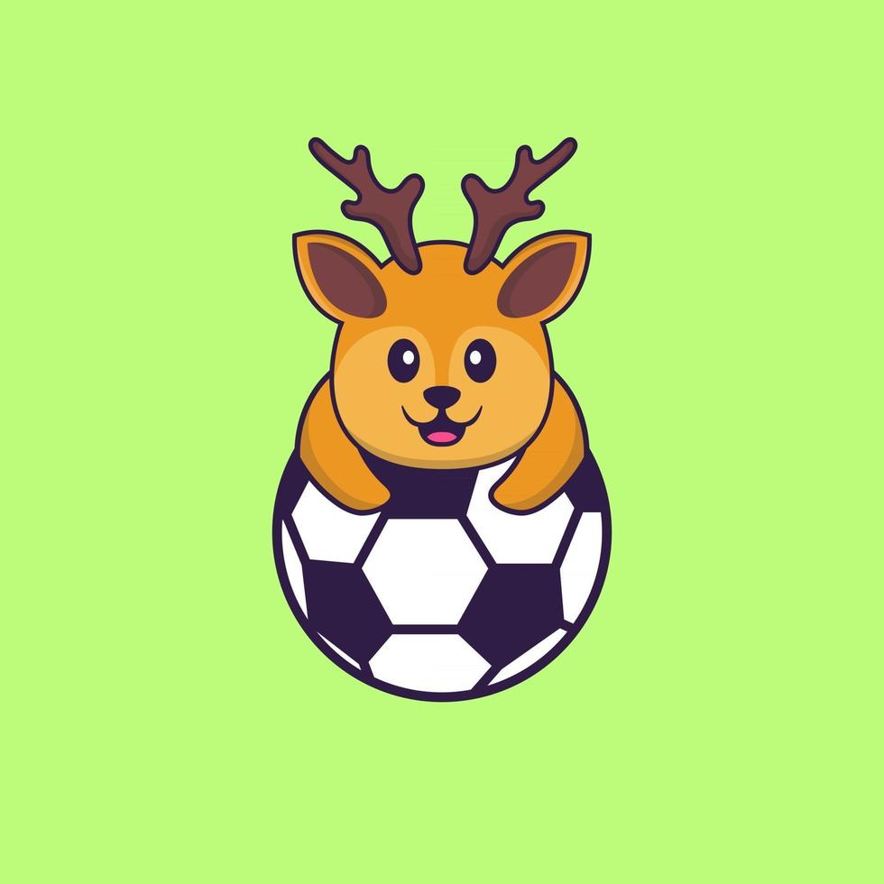 lindo ciervo jugando al fútbol. aislado concepto de dibujos animados de animales. Puede utilizarse para camiseta, tarjeta de felicitación, tarjeta de invitación o mascota. estilo de dibujos animados plana vector