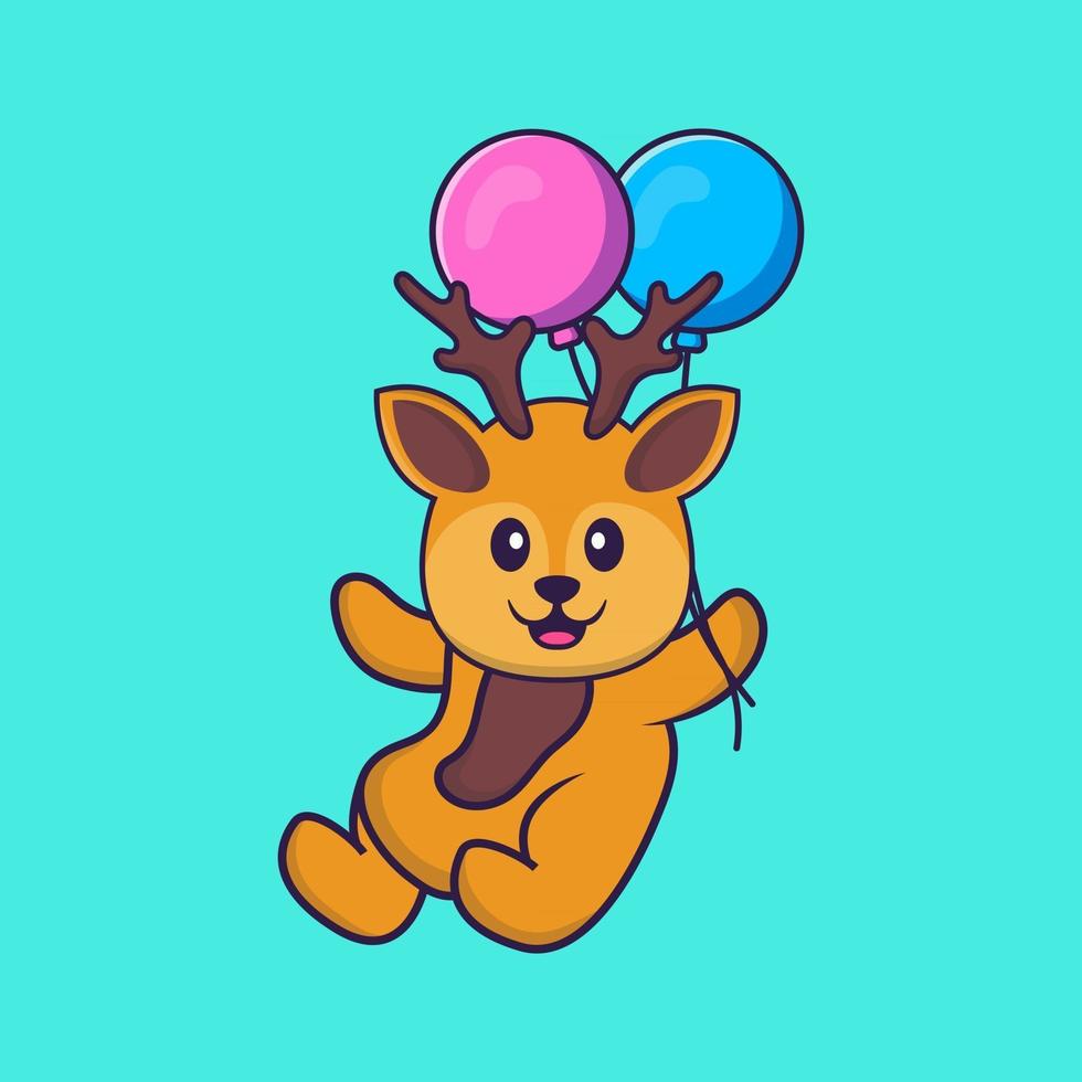 Cute deer flying with two balloons. Animal cartoon concept isolated. Can used for t-shirt, greeting card, invitation card or mascot. Flat Cartoon Style vector