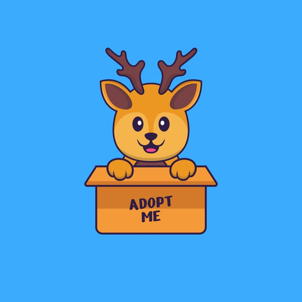 Cute deer in box with a poster Adopt me. Animal cartoon concept isolated. Can used for t-shirt, greeting card, invitation card or mascot. Flat Cartoon Style vector