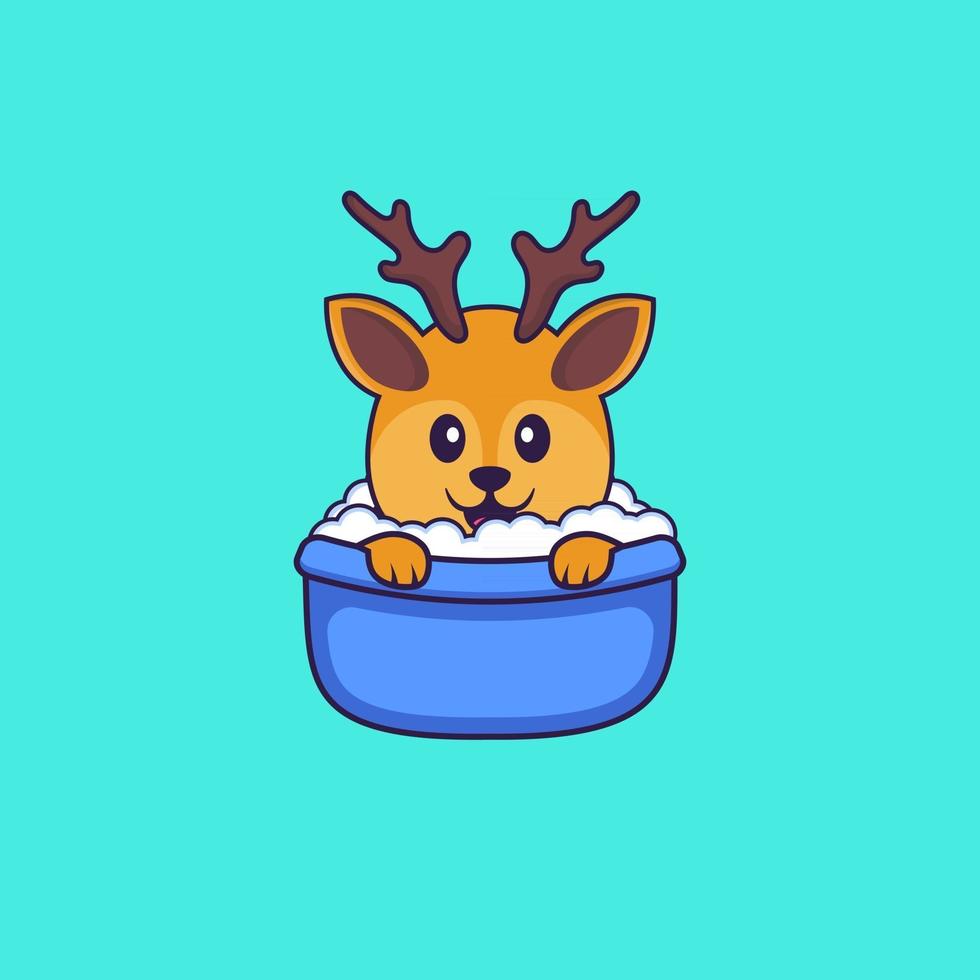 Cute deer taking a bath in the bathtub. Animal cartoon concept isolated. Can used for t-shirt, greeting card, invitation card or mascot. Flat Cartoon Style vector