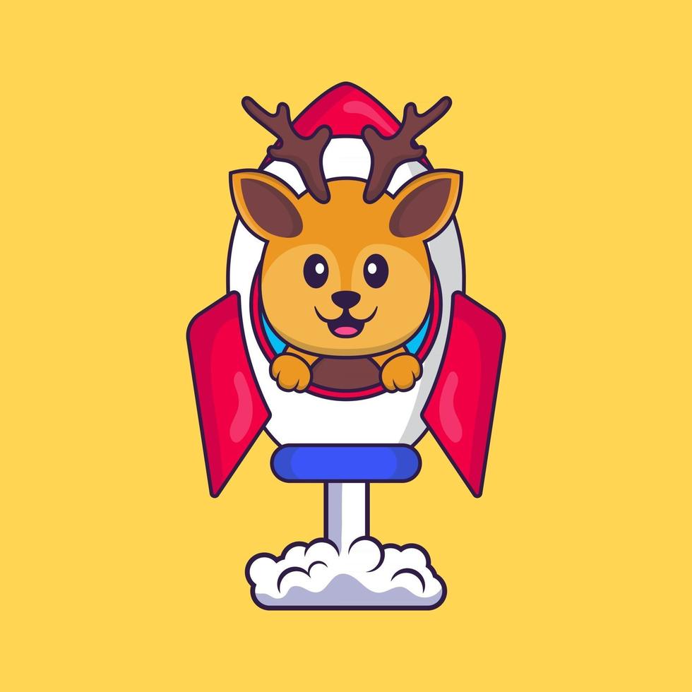 Cute deer flying on rocket. Animal cartoon concept isolated. Can used for t-shirt, greeting card, invitation card or mascot. Flat Cartoon Style vector