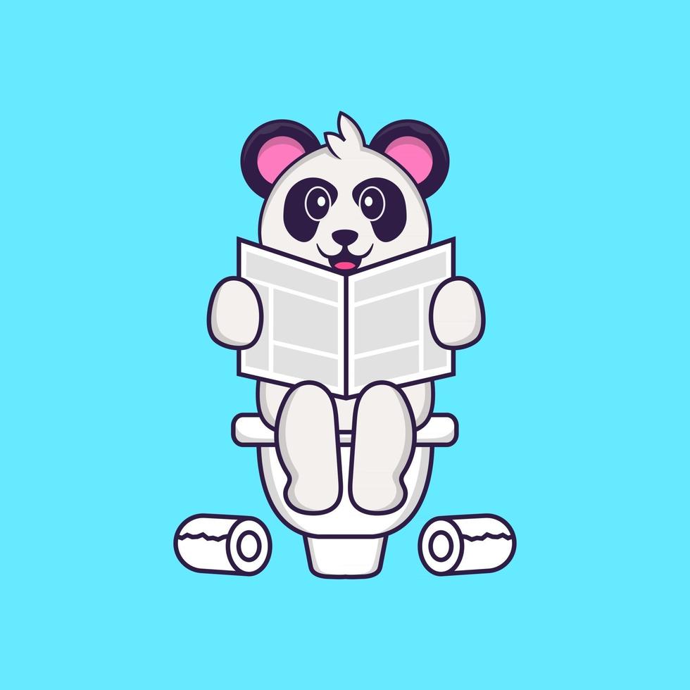 Cute Panda Pooping On Toilet and read newspaper. Animal cartoon concept isolated. Can used for t-shirt, greeting card, invitation card or mascot. Flat Cartoon Style vector