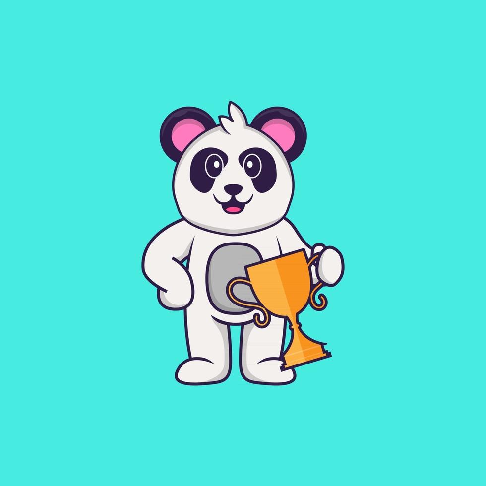 Cute Panda holding gold trophy. Animal cartoon concept isolated. Can used for t-shirt, greeting card, invitation card or mascot. Flat Cartoon Style vector