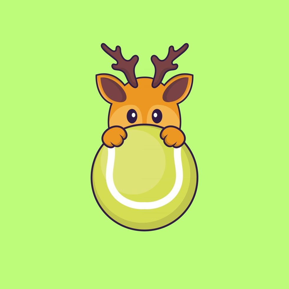 Cute deer playing tennis. Animal cartoon concept isolated. Can used for t-shirt, greeting card, invitation card or mascot. Flat Cartoon Style vector