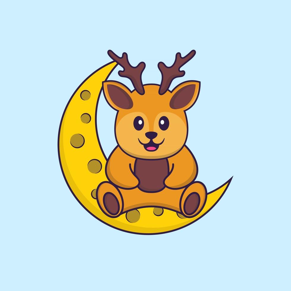 Cute deer is sitting on the moon. Animal cartoon concept isolated. Can used for t-shirt, greeting card, invitation card or mascot. Flat Cartoon Style vector