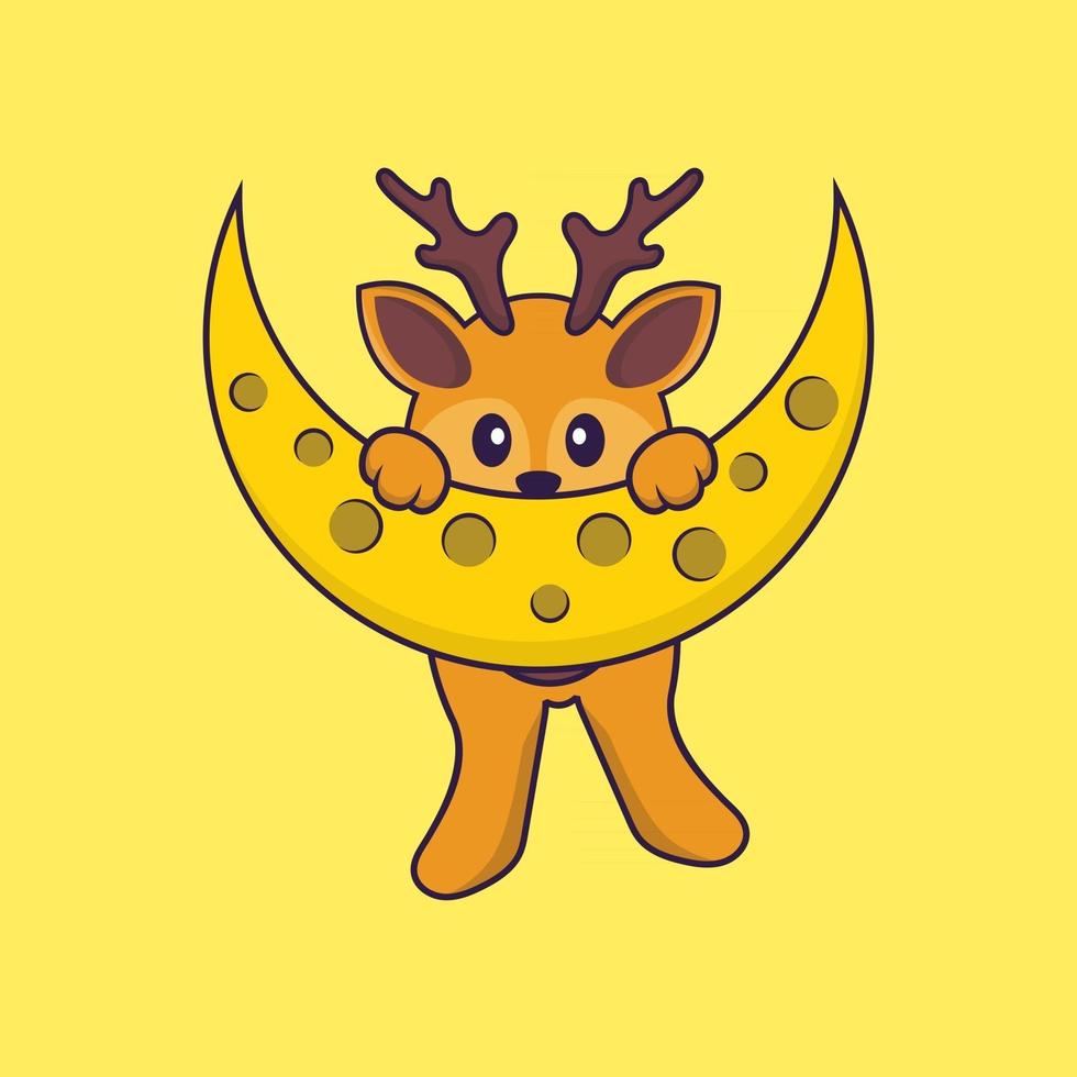 Cute deer is on the moon. Animal cartoon concept isolated. Can used for t-shirt, greeting card, invitation card or mascot. Flat Cartoon Style vector