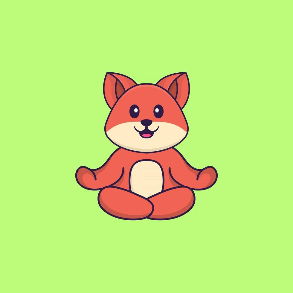 Cute fox is meditating or doing yoga. Animal cartoon concept isolated. Can used for t-shirt, greeting card, invitation card or mascot. Flat Cartoon Style vector