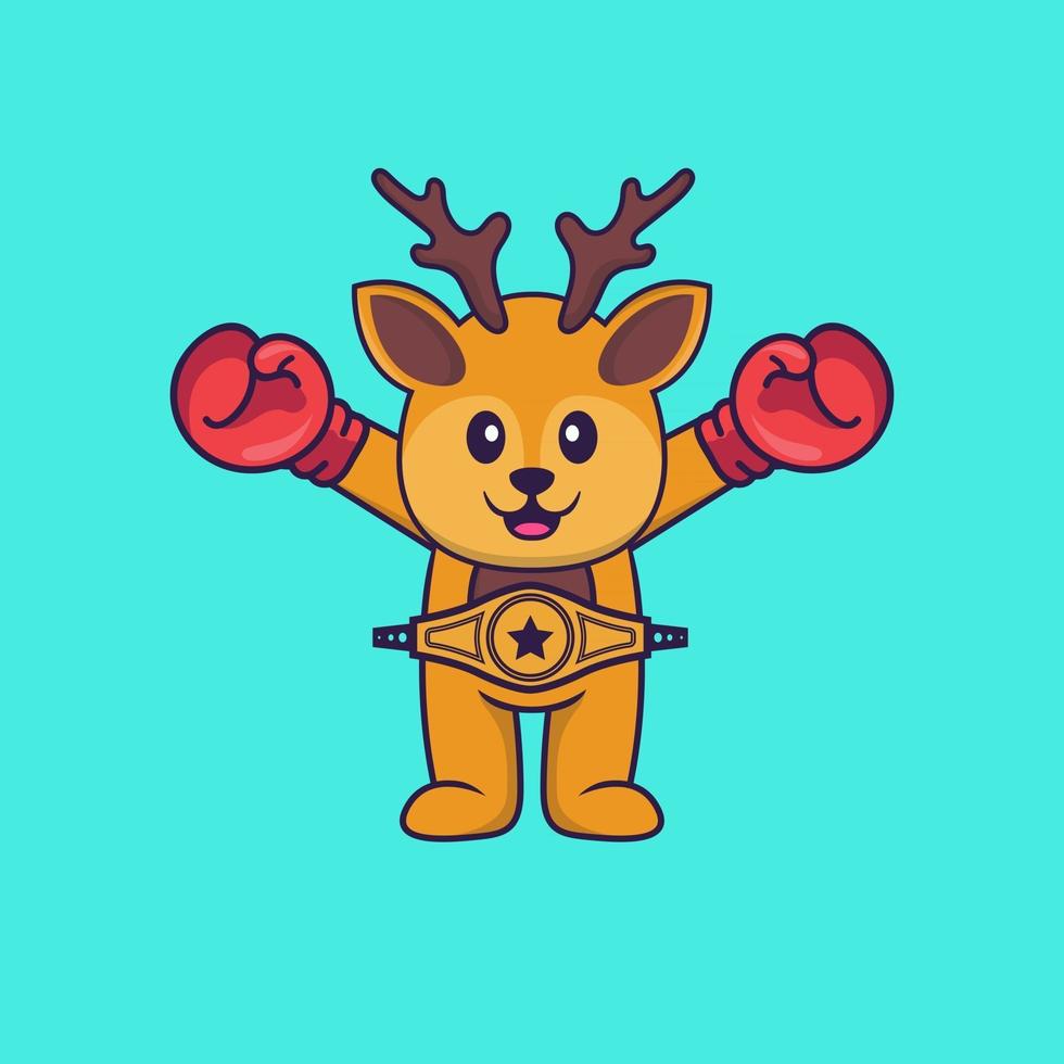 Cute deer in boxer costume with champion belt. Animal cartoon concept isolated. Can used for t-shirt, greeting card, invitation card or mascot. Flat Cartoon Style vector