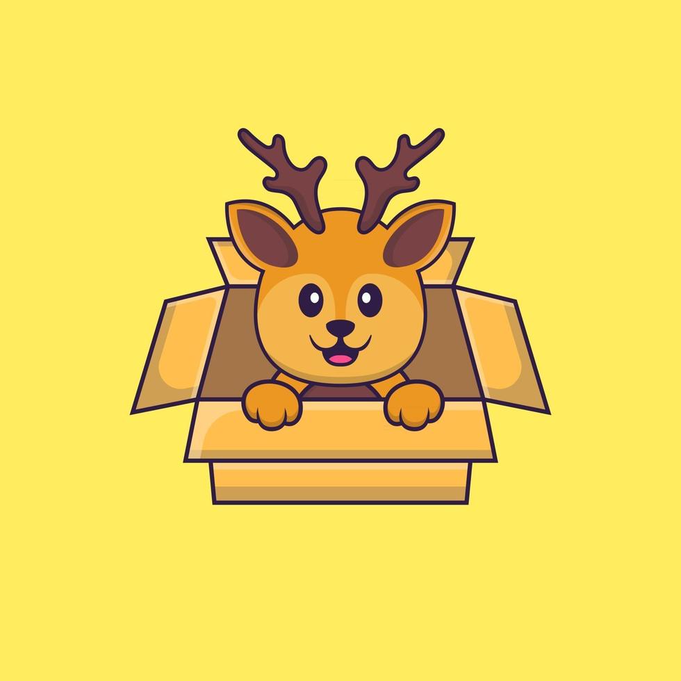 lindo ciervo jugando en caja. aislado concepto de dibujos animados de animales. Puede utilizarse para camiseta, tarjeta de felicitación, tarjeta de invitación o mascota. estilo de dibujos animados plana vector