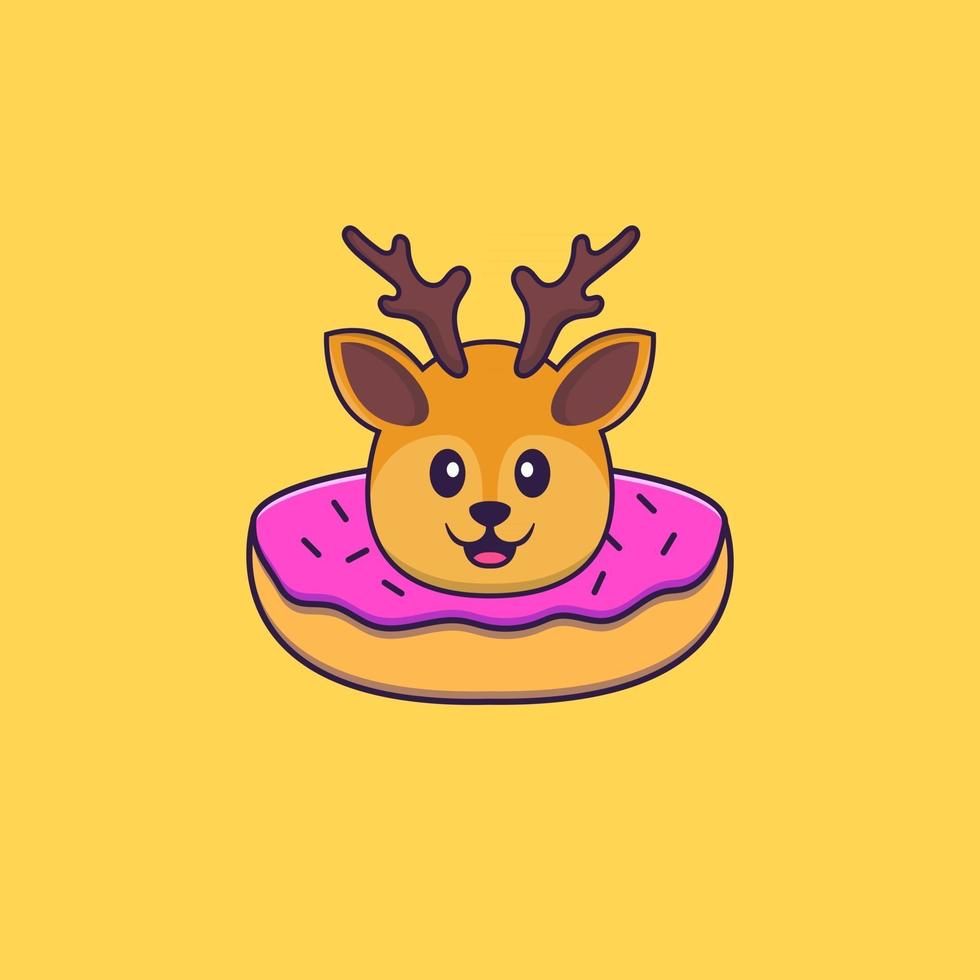 Cute deer with a donut on his neck. Animal cartoon concept isolated. Can used for t-shirt, greeting card, invitation card or mascot. Flat Cartoon Style vector