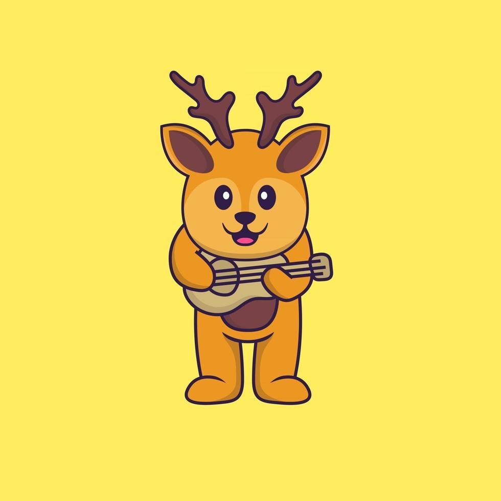 Cute deer playing guitar. Animal cartoon concept isolated. Can used for t-shirt, greeting card, invitation card or mascot. Flat Cartoon Style vector
