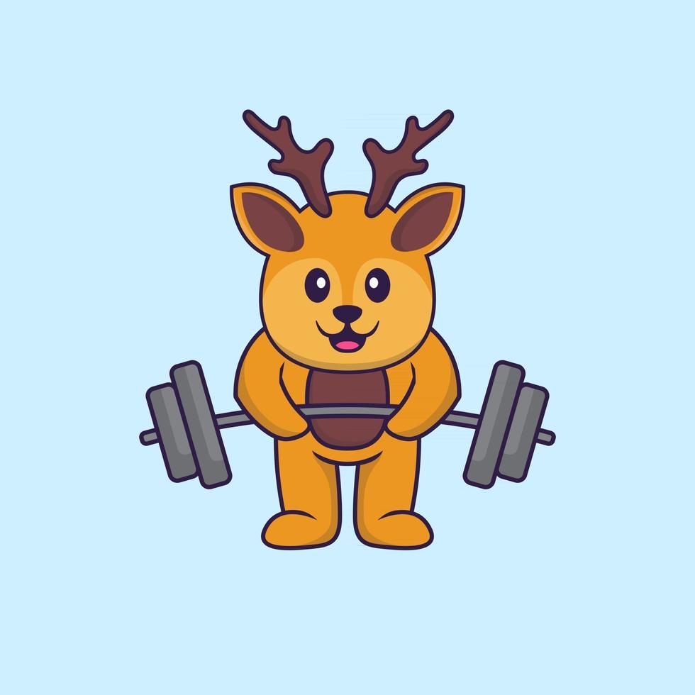 Cute deer lifts the barbell. Animal cartoon concept isolated. Can used for t-shirt, greeting card, invitation card or mascot. Flat Cartoon Style vector