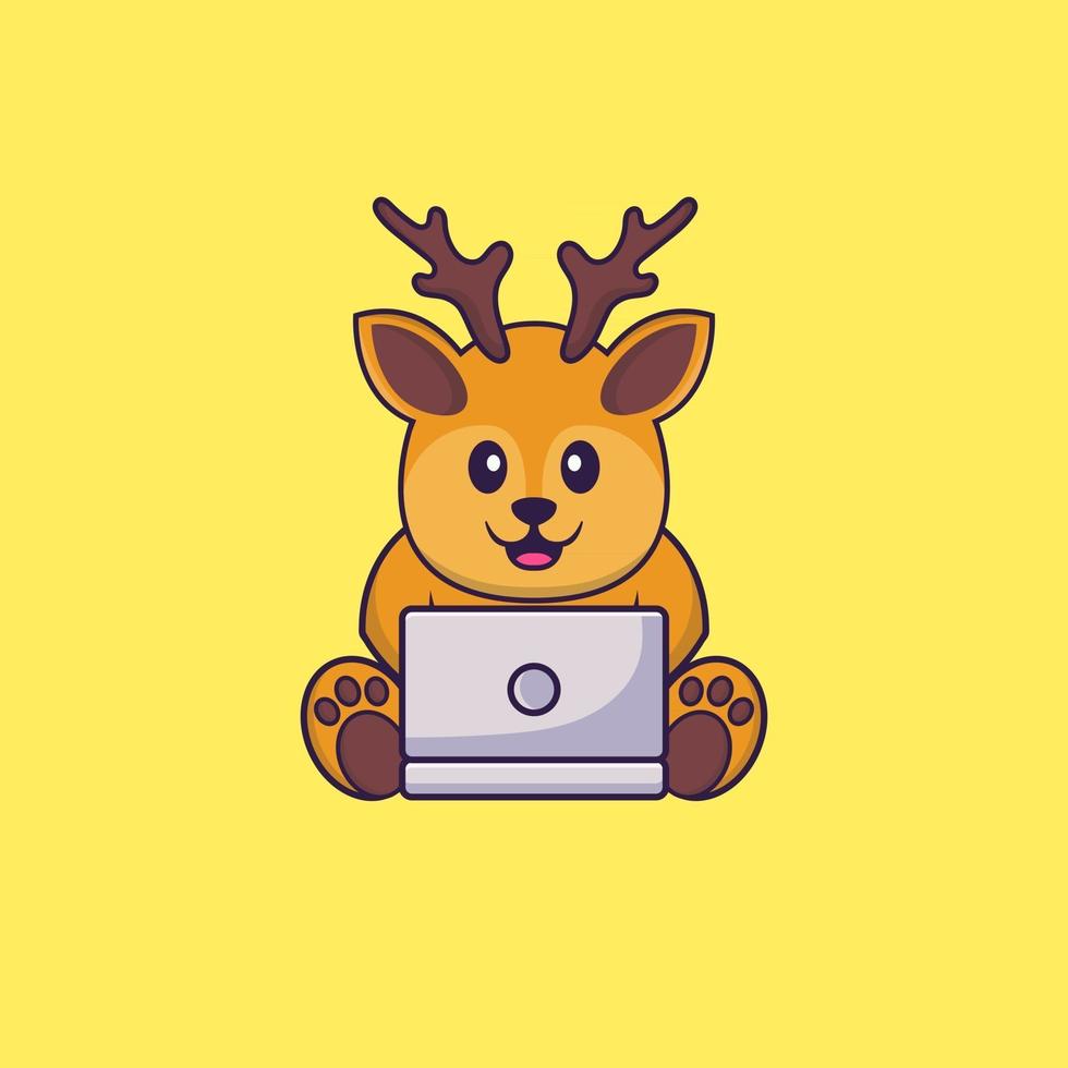 Cute deer using laptop. Animal cartoon concept isolated. Can used for t-shirt, greeting card, invitation card or mascot. Flat Cartoon Style vector