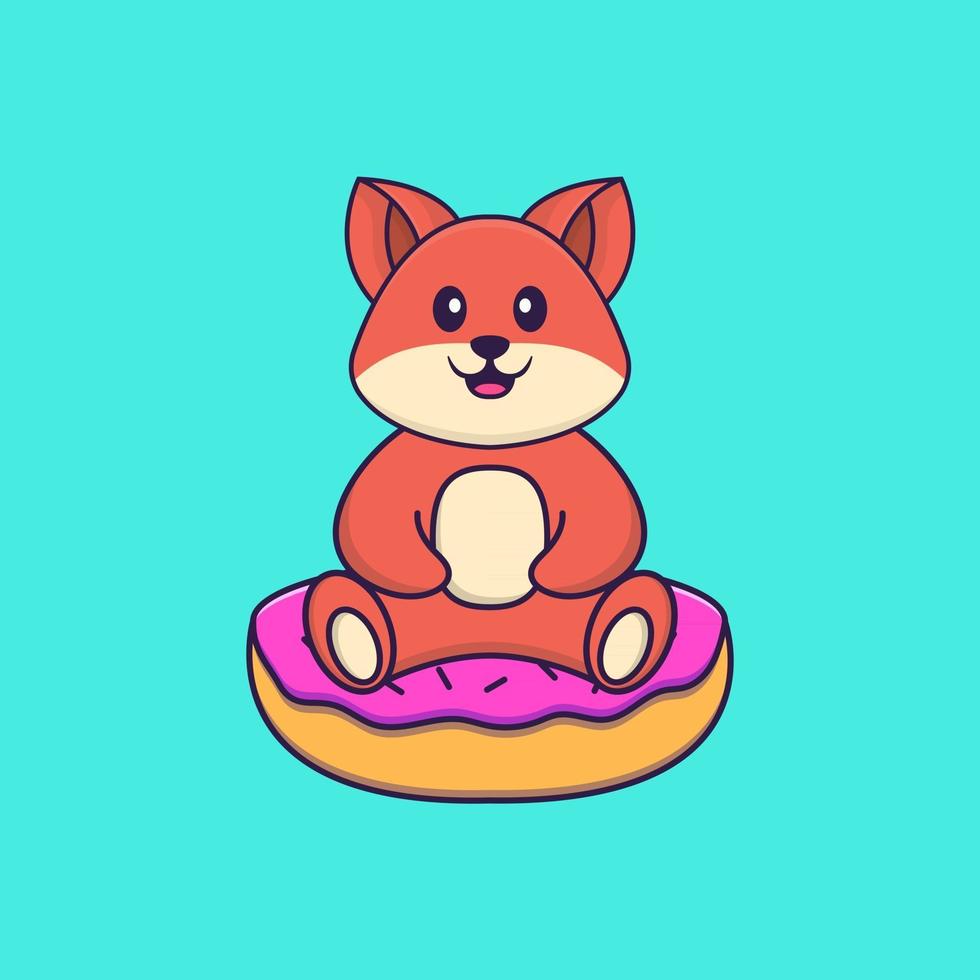 Cute fox is sitting on donuts. Animal cartoon concept isolated. Can used for t-shirt, greeting card, invitation card or mascot. Flat Cartoon Style vector