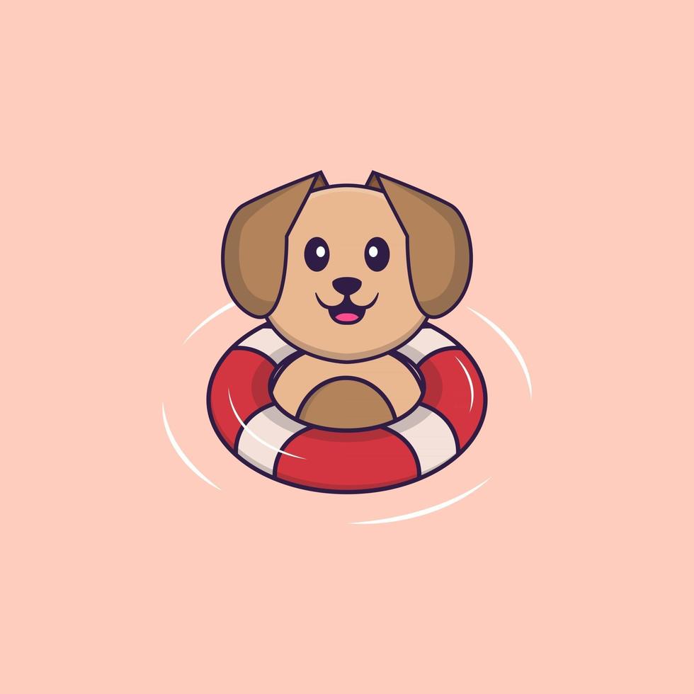 Cute dog is Swimming with a buoy. Animal cartoon concept isolated. Can used for t-shirt, greeting card, invitation card or mascot. Flat Cartoon Style vector