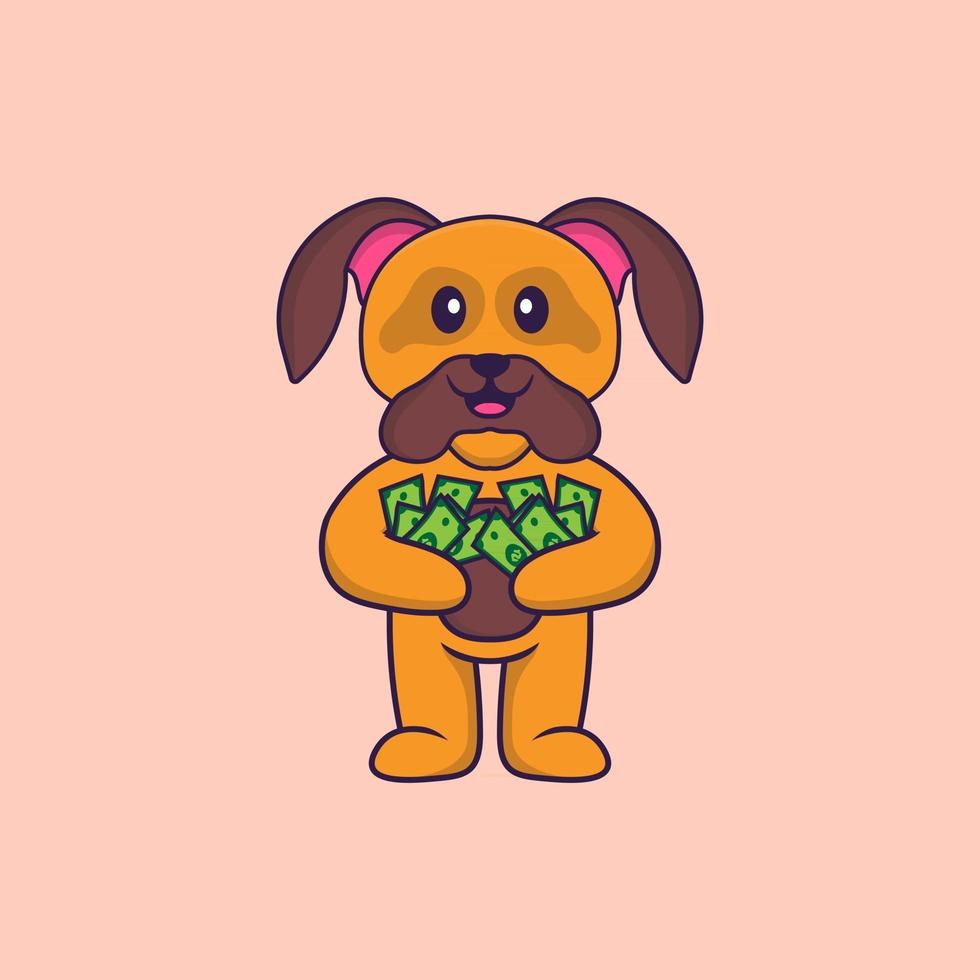 lindo perro con dinero. aislado concepto de dibujos animados de animales. Puede utilizarse para camiseta, tarjeta de felicitación, tarjeta de invitación o mascota. estilo de dibujos animados plana vector