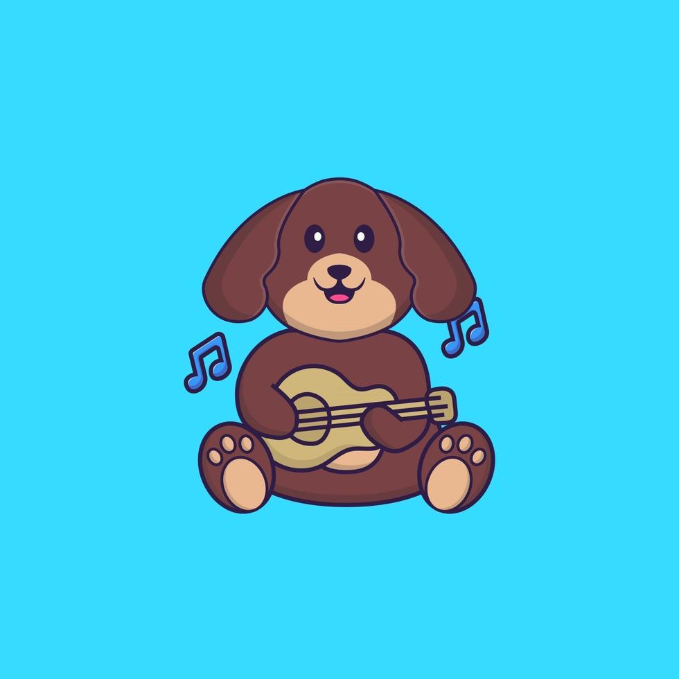 Cute dog playing guitar. Animal cartoon concept isolated. Can used for t-shirt, greeting card, invitation card or mascot. Flat Cartoon Style vector