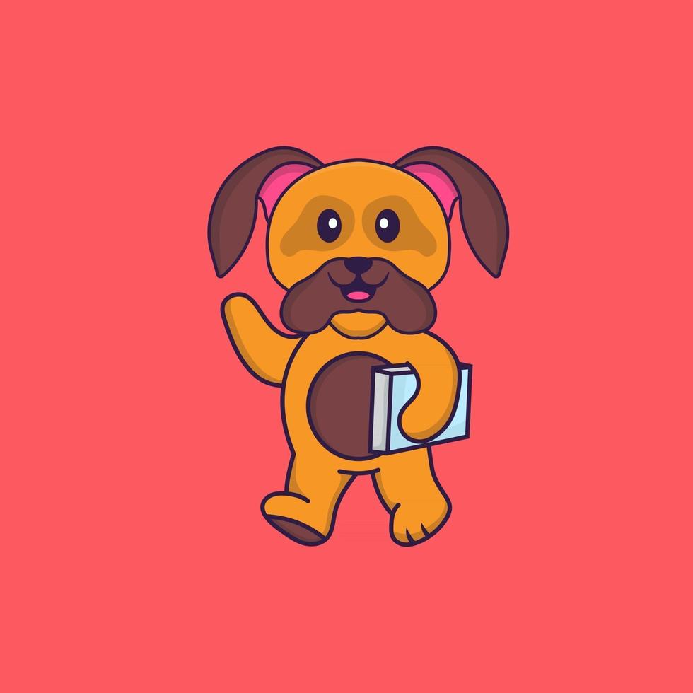 Cute dog holding a book. Animal cartoon concept isolated. Can used for t-shirt, greeting card, invitation card or mascot. Flat Cartoon Style vector