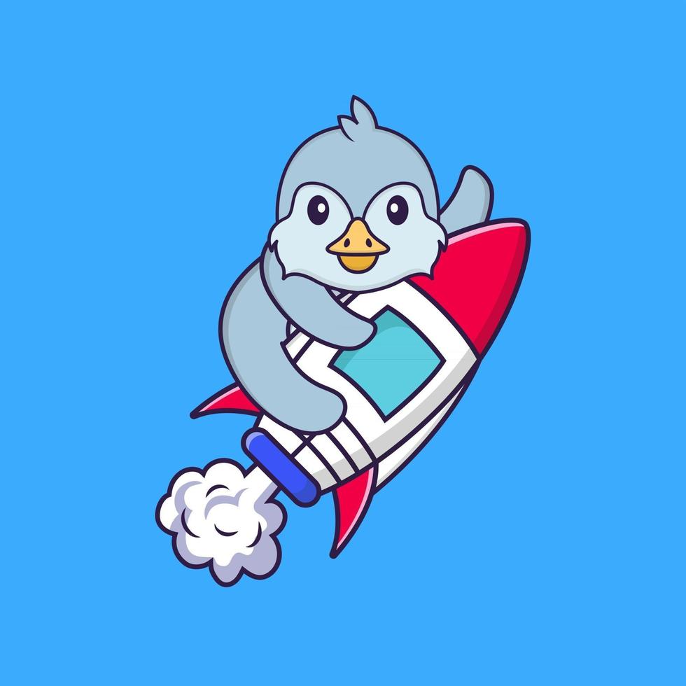 Cute bird flying on rocket. Animal cartoon concept isolated. Can used for t-shirt, greeting card, invitation card or mascot. Flat Cartoon Style vector