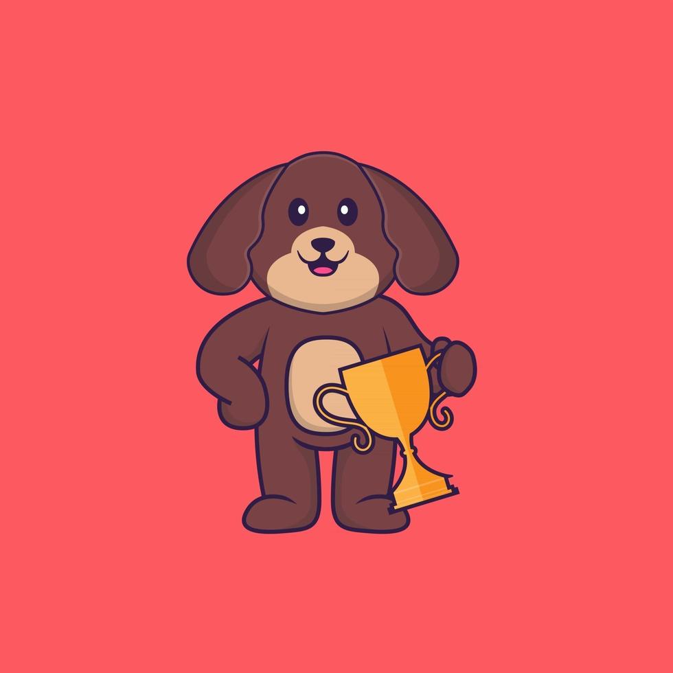 Cute dog holding gold trophy. Animal cartoon concept isolated. Can used for t-shirt, greeting card, invitation card or mascot. Flat Cartoon Style vector