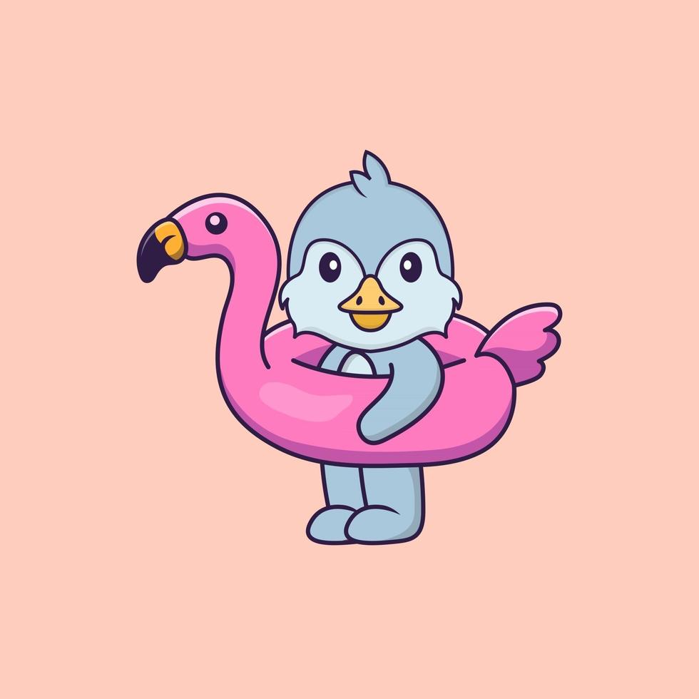 Cute bird With flamingo buoy. Animal cartoon concept isolated. Can used for t-shirt, greeting card, invitation card or mascot. Flat Cartoon Style vector