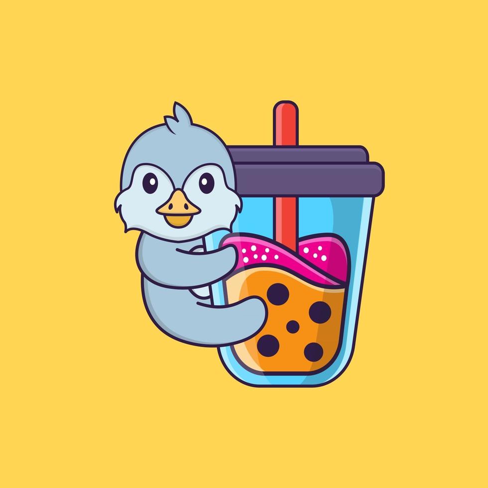 Cute bird Drinking Boba milk tea. Animal cartoon concept isolated. Can used for t-shirt, greeting card, invitation card or mascot. Flat Cartoon Style vector