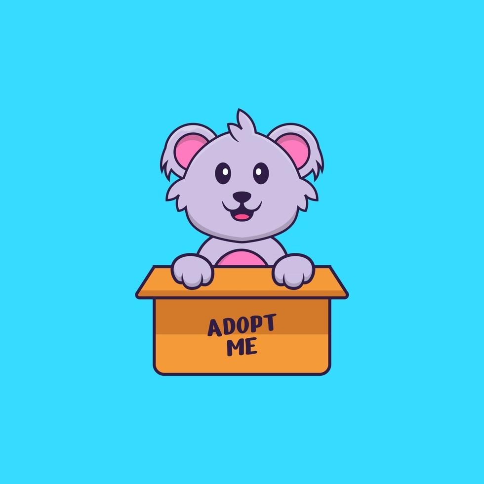 Cute koala in box with a poster Adopt me. Animal cartoon concept isolated. Can used for t-shirt, greeting card, invitation card or mascot. Flat Cartoon Style vector