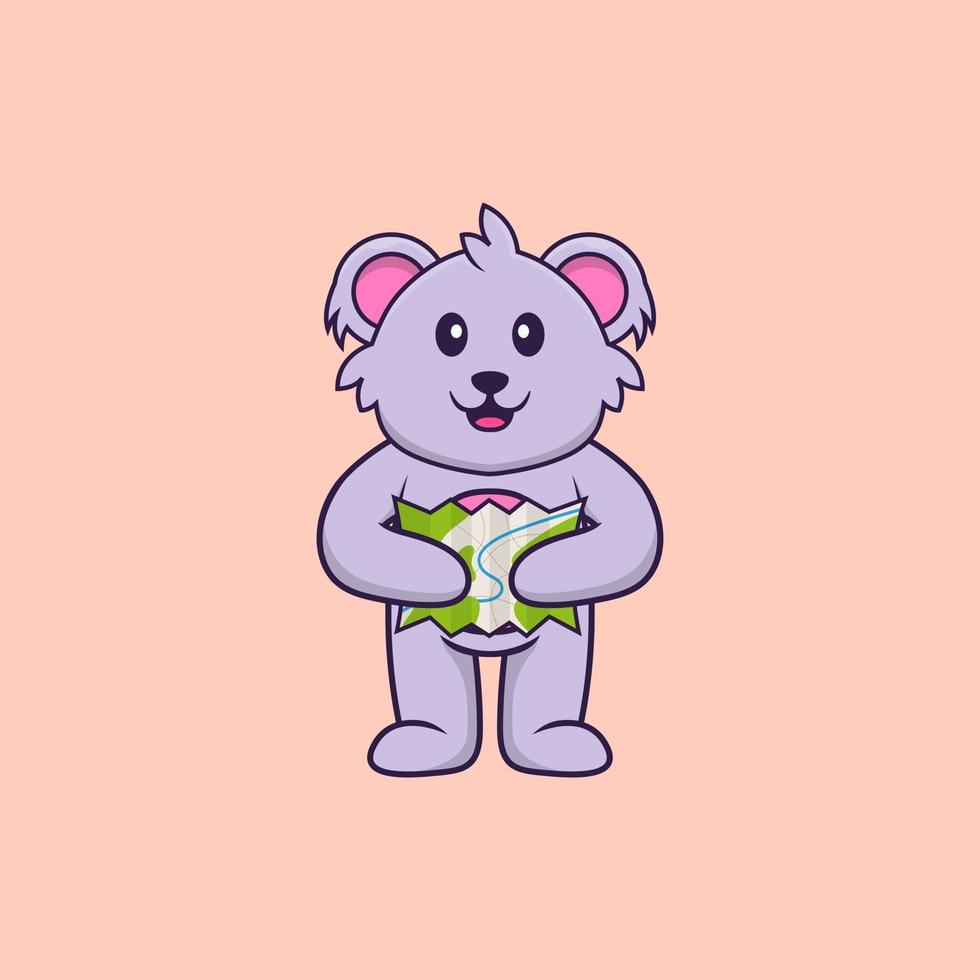 lindo koala sosteniendo un mapa. aislado concepto de dibujos animados de animales. Puede utilizarse para camiseta, tarjeta de felicitación, tarjeta de invitación o mascota. estilo de dibujos animados plana vector