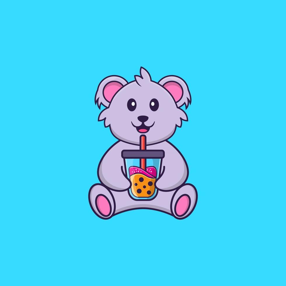 Cute koala Drinking Boba milk tea. Animal cartoon concept isolated. Can used for t-shirt, greeting card, invitation card or mascot. Flat Cartoon Style vector