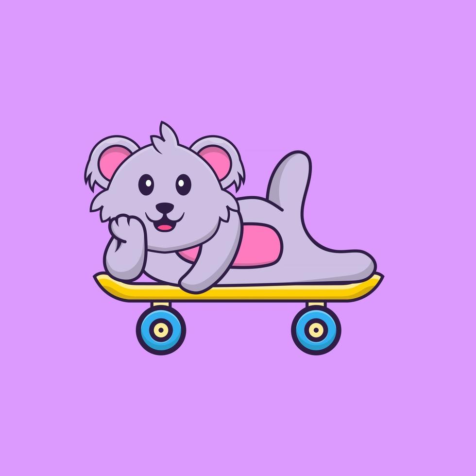 lindo koala acostado en una patineta. aislado concepto de dibujos animados de animales. Puede utilizarse para camiseta, tarjeta de felicitación, tarjeta de invitación o mascota. estilo de dibujos animados plana vector