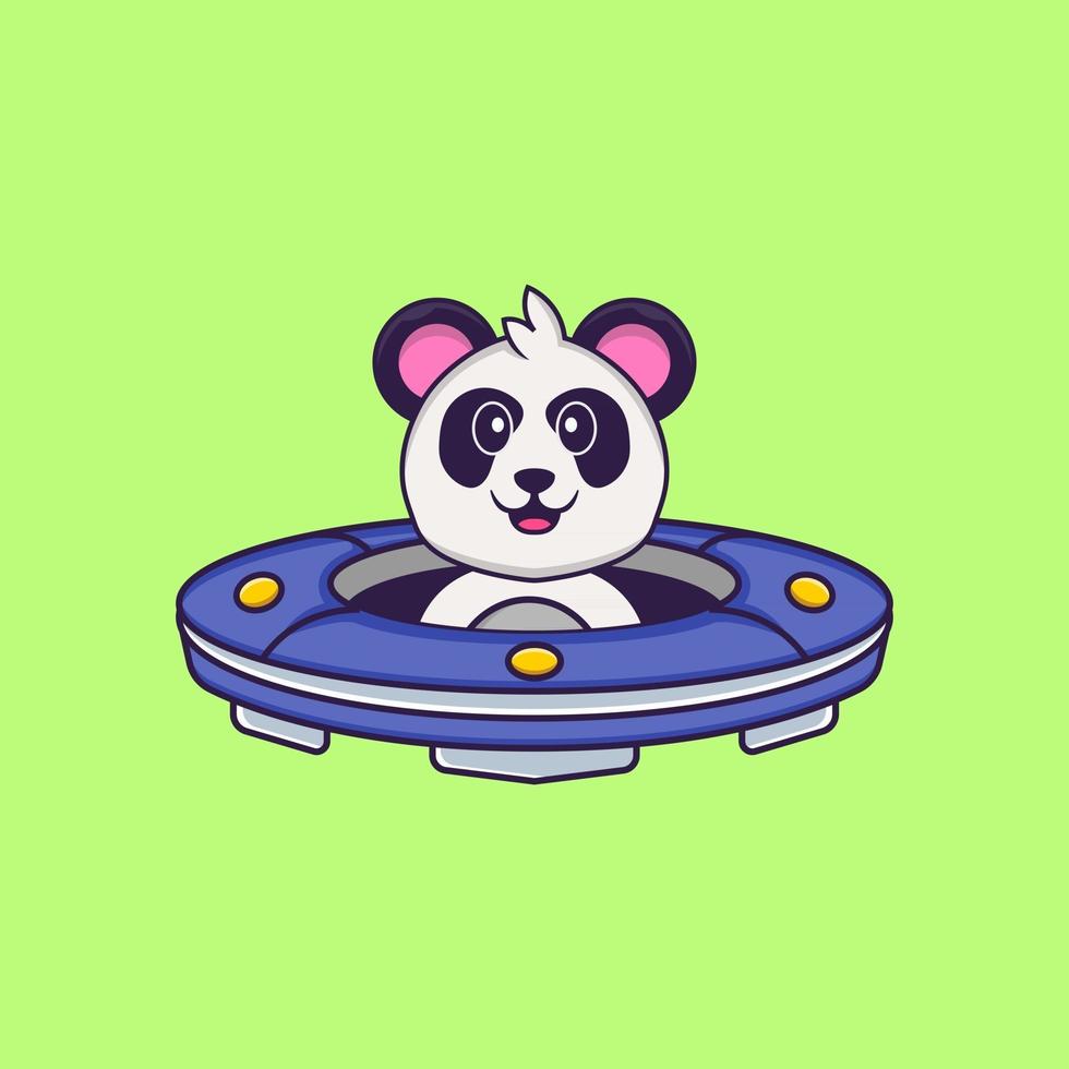 Cute Panda Driving Spaceship Ufo. Animal cartoon concept isolated. Can used for t-shirt, greeting card, invitation card or mascot. Flat Cartoon Style vector