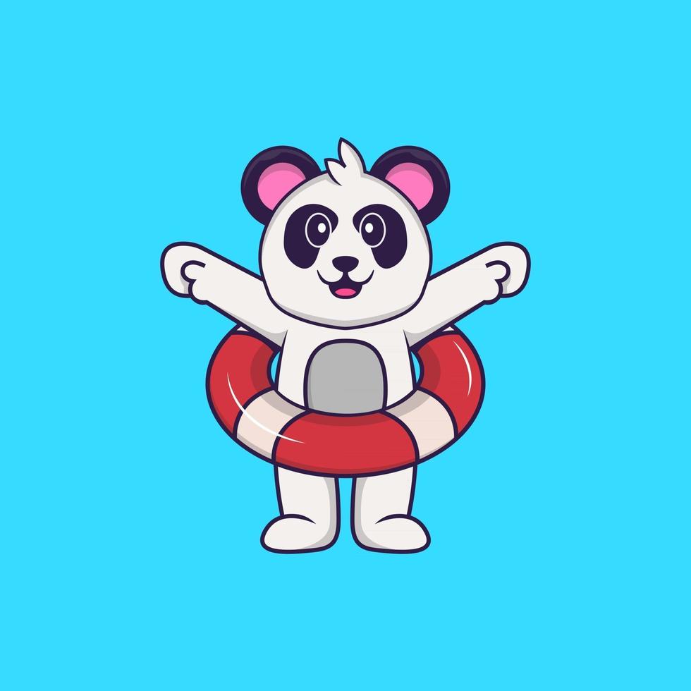 Cute Panda using a float. Animal cartoon concept isolated. Can used for t-shirt, greeting card, invitation card or mascot. Flat Cartoon Style vector