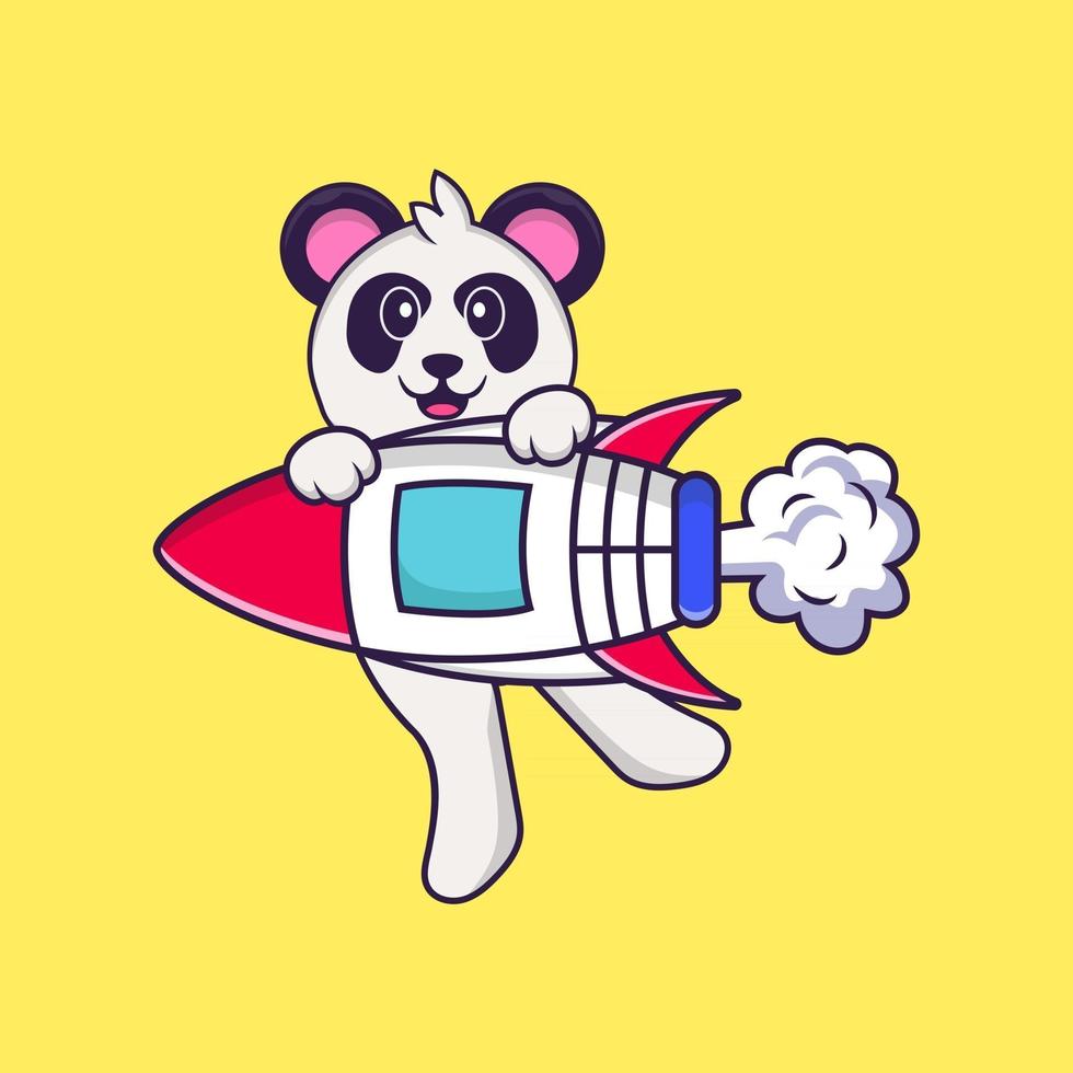 Cute Panda flying on rocket. Animal cartoon concept isolated. Can used for t-shirt, greeting card, invitation card or mascot. Flat Cartoon Style vector