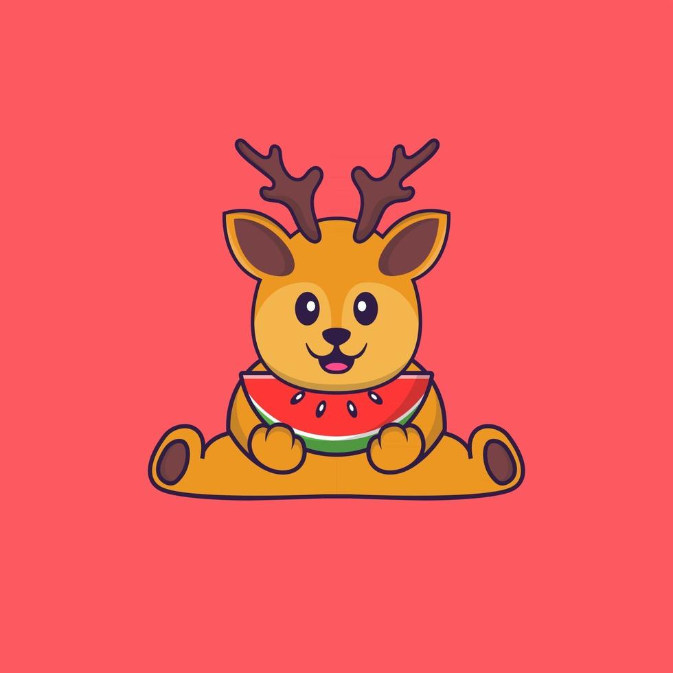 Cute deer eating watermelon. Animal cartoon concept isolated. Can used for t-shirt, greeting card, invitation card or mascot. Flat Cartoon Style vector