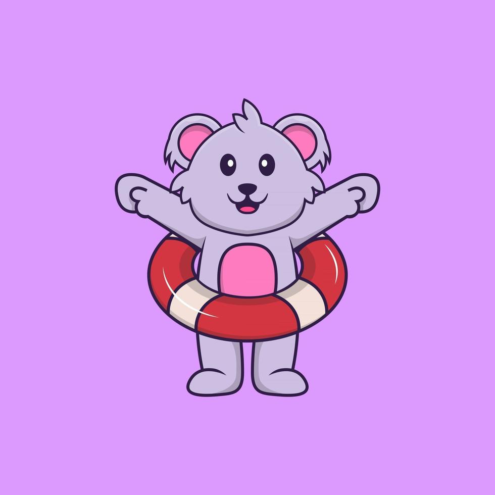 lindo koala usando un flotador. aislado concepto de dibujos animados de animales. Puede utilizarse para camiseta, tarjeta de felicitación, tarjeta de invitación o mascota. estilo de dibujos animados plana vector