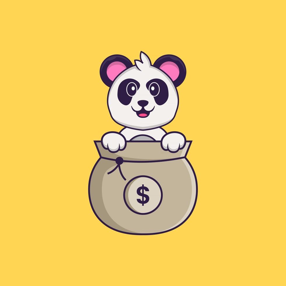 lindo panda jugando en la bolsa de dinero. aislado concepto de dibujos animados de animales. Puede utilizarse para camiseta, tarjeta de felicitación, tarjeta de invitación o mascota. estilo de dibujos animados plana vector