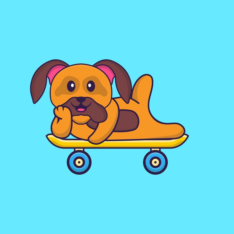 Cute dog lying on a skateboard. Animal cartoon concept isolated. Can used for t-shirt, greeting card, invitation card or mascot. Flat Cartoon Style vector