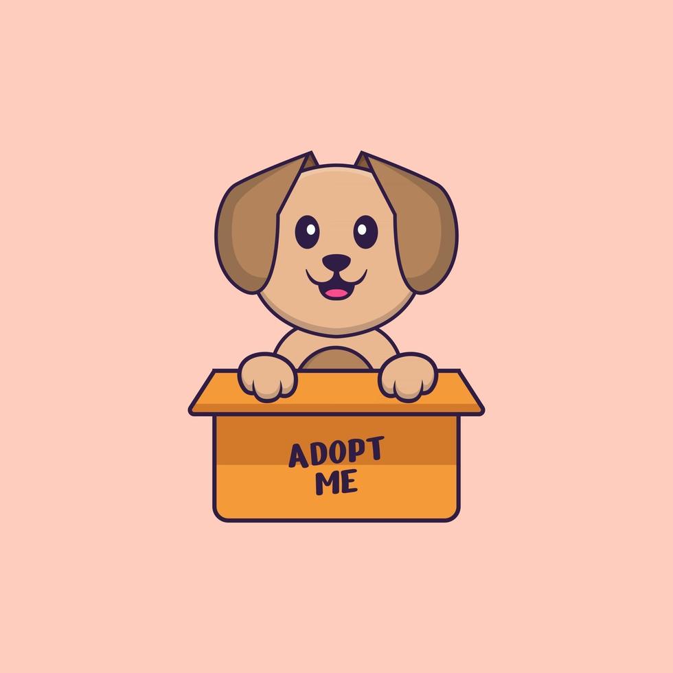 Cute dog in box with a poster Adopt me. Animal cartoon concept isolated. Can used for t-shirt, greeting card, invitation card or mascot. Flat Cartoon Style vector