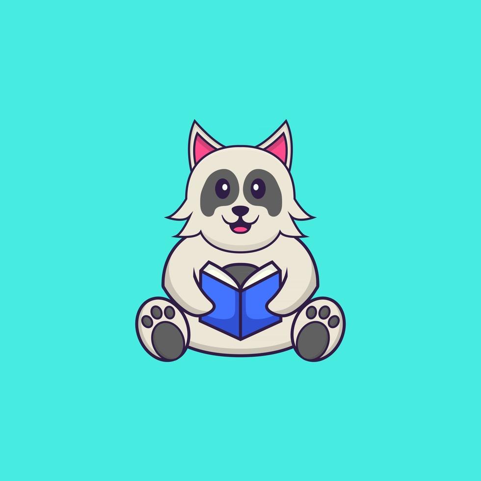 Cute dog reading a book. Animal cartoon concept isolated. Can used for t-shirt, greeting card, invitation card or mascot. Flat Cartoon Style vector