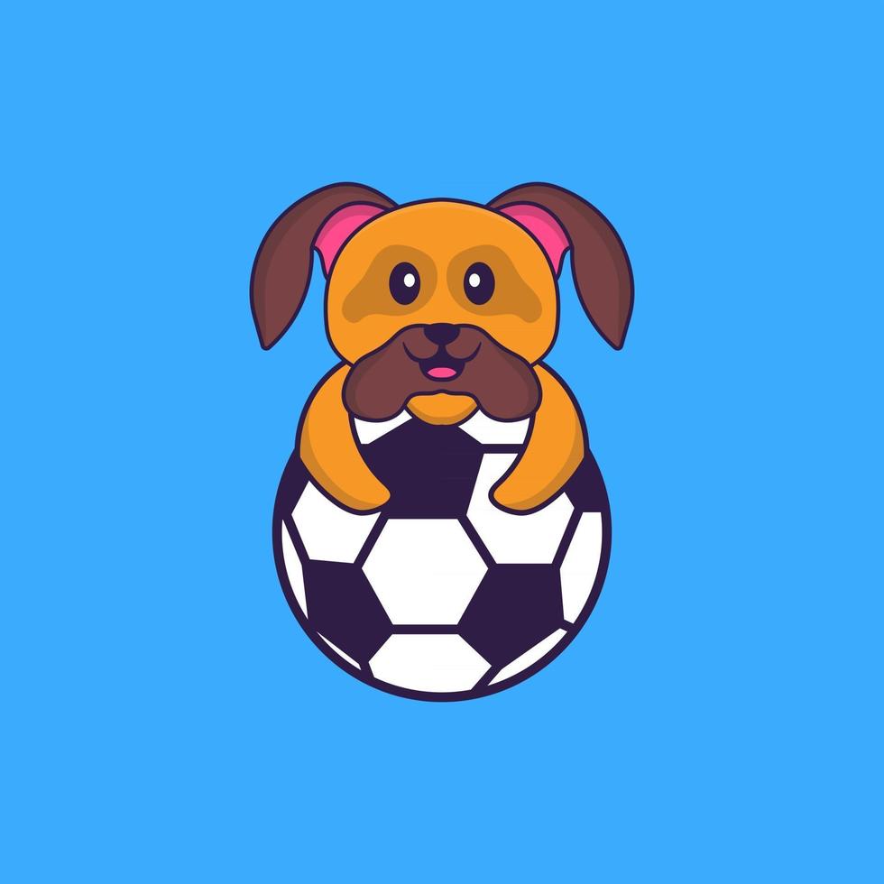 Cute dog playing soccer. Animal cartoon concept isolated. Can used for t-shirt, greeting card, invitation card or mascot. Flat Cartoon Style vector