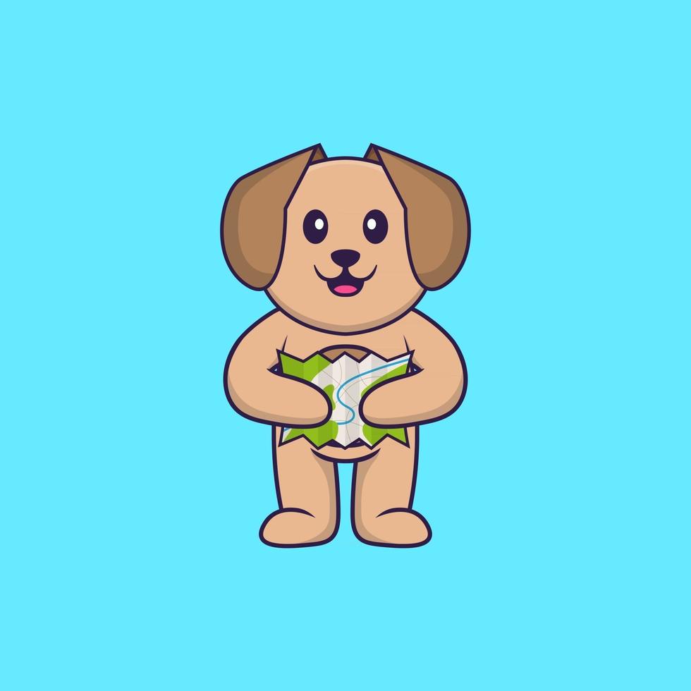 Cute dog holding a map. Animal cartoon concept isolated. Can used for t-shirt, greeting card, invitation card or mascot. Flat Cartoon Style vector