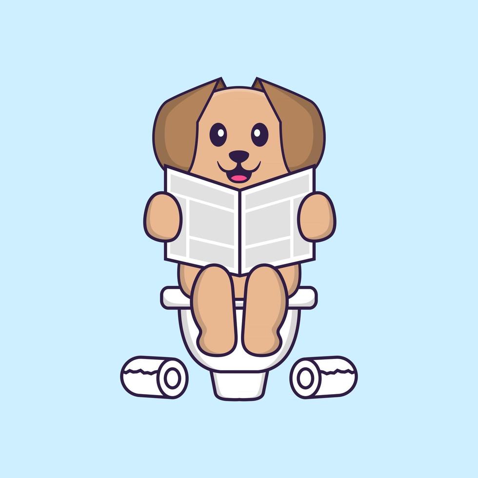 Cute dog Pooping On Toilet and read newspaper. Animal cartoon concept isolated. Can used for t-shirt, greeting card, invitation card or mascot. Flat Cartoon Style vector