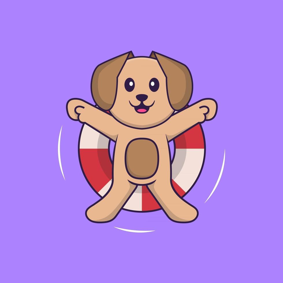 Cute dog is Swimming with a buoy. Animal cartoon concept isolated. Can used for t-shirt, greeting card, invitation card or mascot. Flat Cartoon Style vector