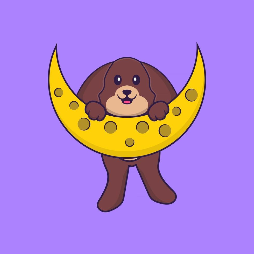 Cute dog is on the moon. Animal cartoon concept isolated. Can used for t-shirt, greeting card, invitation card or mascot. Flat Cartoon Style vector