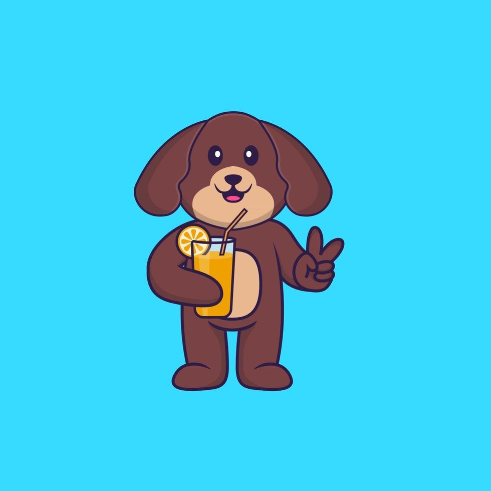 Cute dog holding orange juice in glass. Animal cartoon concept isolated. Can used for t-shirt, greeting card, invitation card or mascot. Flat Cartoon Style vector