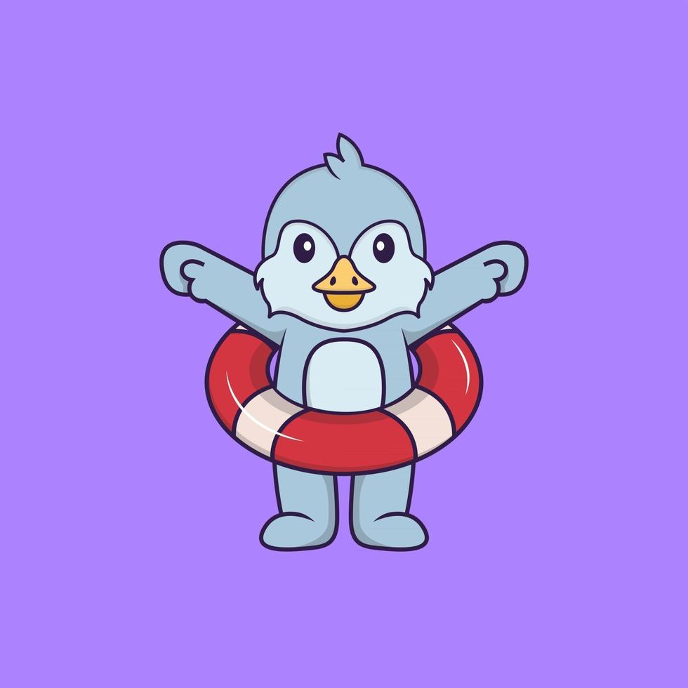 Cute bird using a float. Animal cartoon concept isolated. Can used for t-shirt, greeting card, invitation card or mascot. Flat Cartoon Style vector