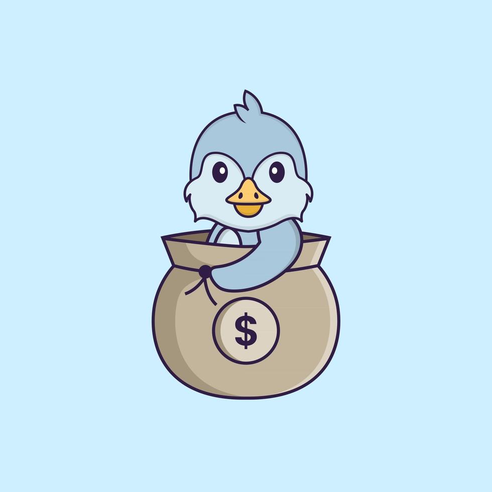 Cute bird in a money bag. Animal cartoon concept isolated. Can used for t-shirt, greeting card, invitation card or mascot. Flat Cartoon Style vector