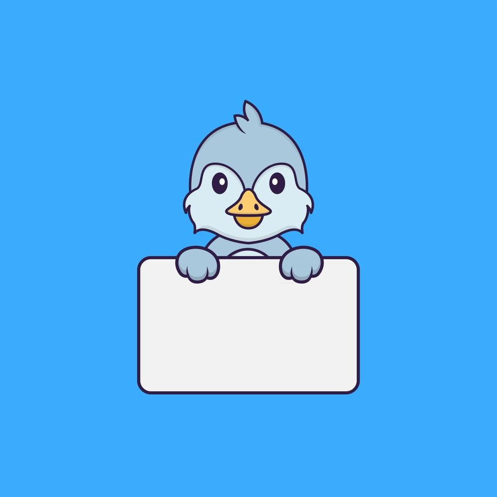 Cute bird holding whiteboard. Animal cartoon concept isolated. Can used for t-shirt, greeting card, invitation card or mascot. Flat Cartoon Style vector