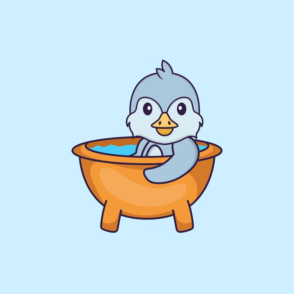 Cute bird taking a bath in the bathtub. Animal cartoon concept isolated. Can used for t-shirt, greeting card, invitation card or mascot. Flat Cartoon Style vector