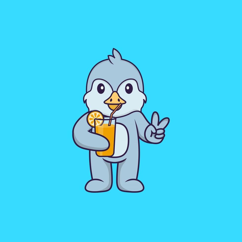 Cute bird holding orange juice in glass. Animal cartoon concept isolated. Can used for t-shirt, greeting card, invitation card or mascot. Flat Cartoon Style vector